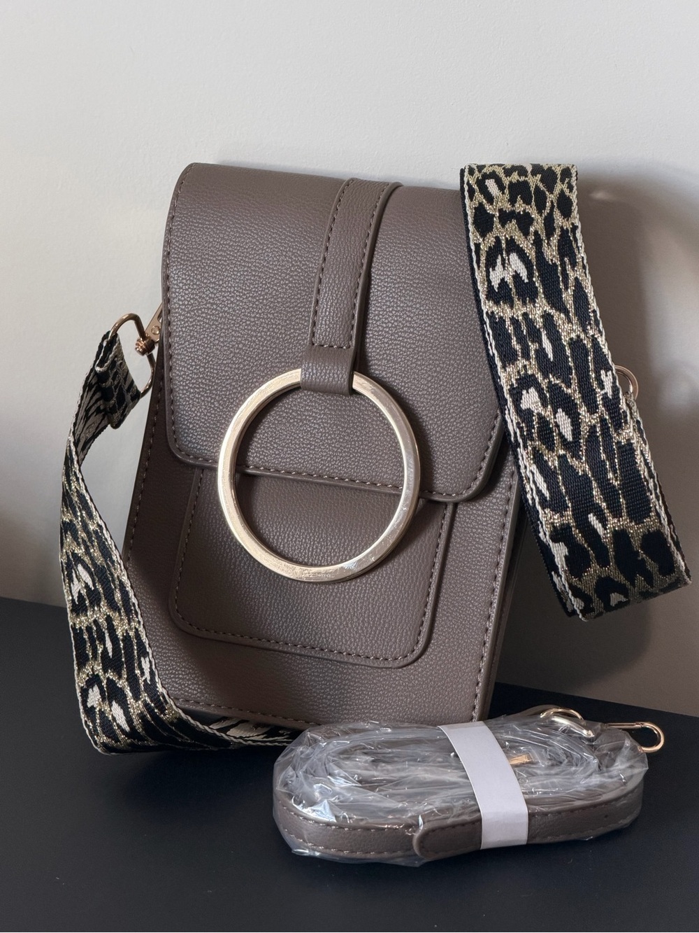 Taupe Crossbody Bag with Gold Ring Accent by Brentano - Picture 14 of 14
